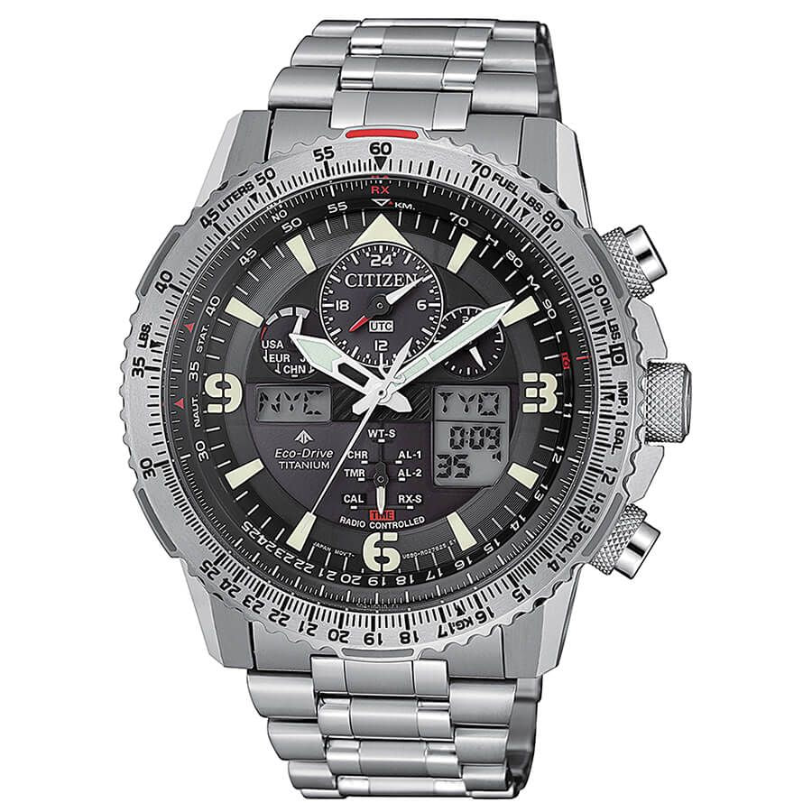 Citizen JY8100-80E watch for man with a black dial and titanium strap.