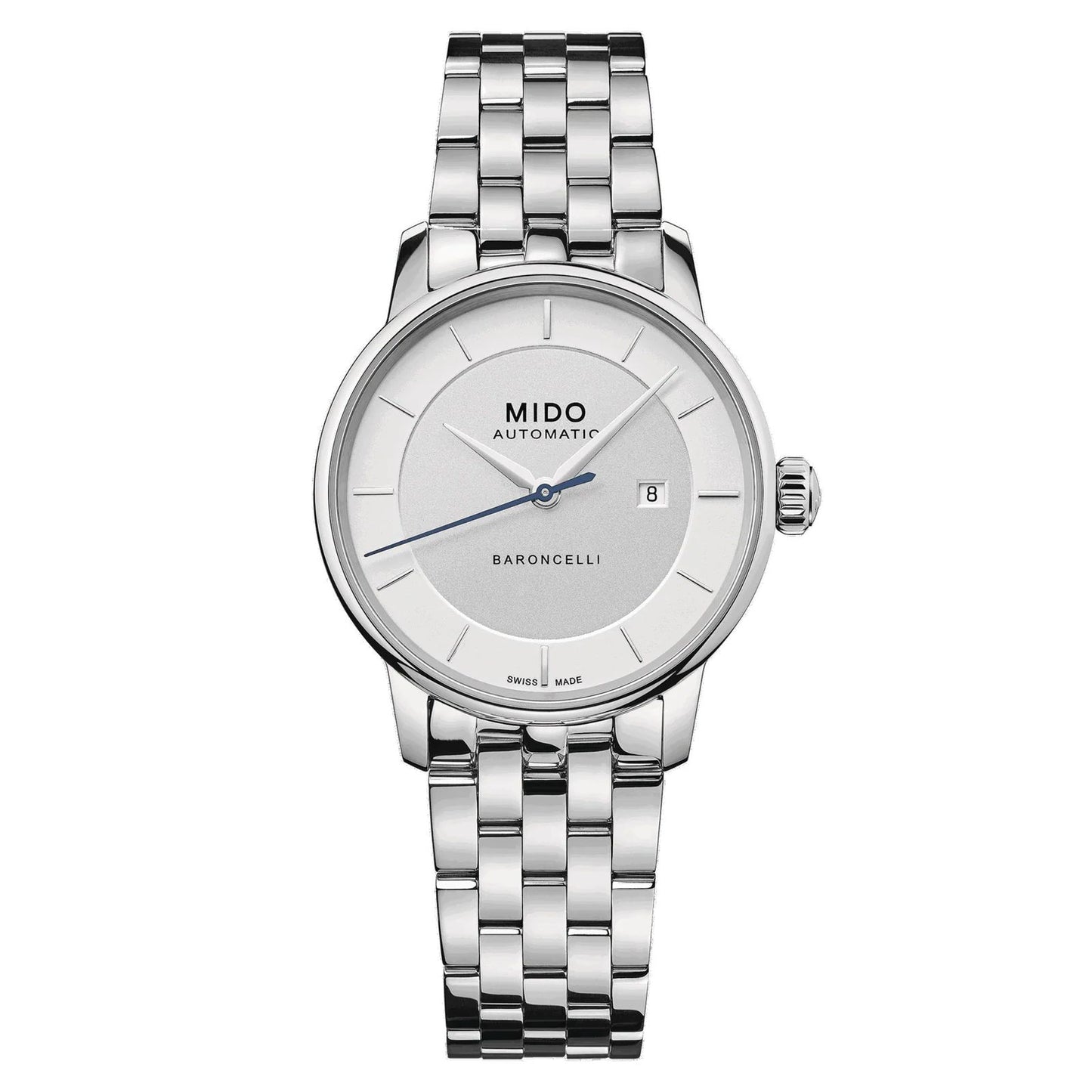 Mido M0372071103100 watch for woman with a white dial and stainless steel strap.