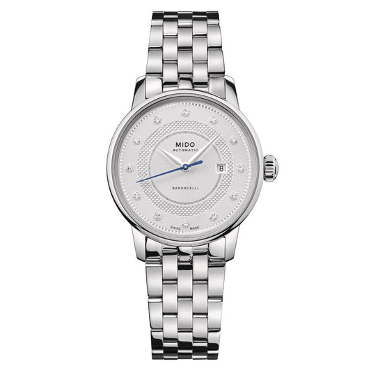 Mido M0372071103601 watch for woman with a white dial and stainless steel strap.