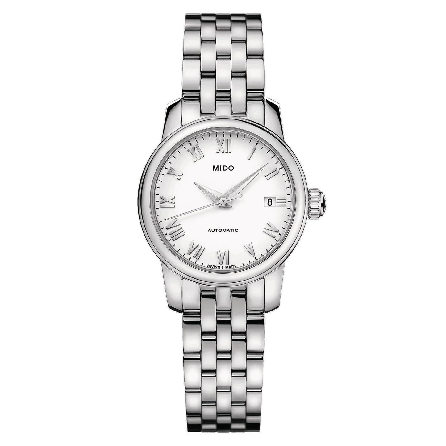 Mido M0390071101300 watch for woman with a white dial and stainless steel strap.