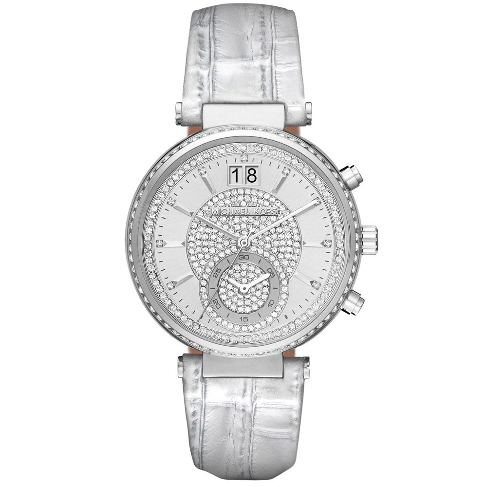 Michael Kors MK2443 watch for women with a silver dial and leather strap.