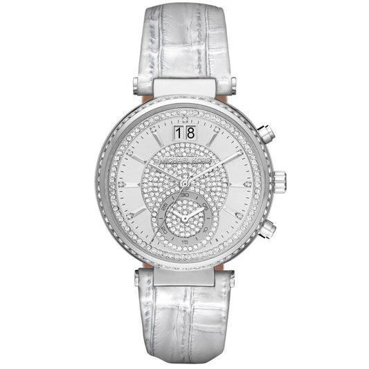 Michael Kors MK2443 watch for women with a silver dial and leather strap.