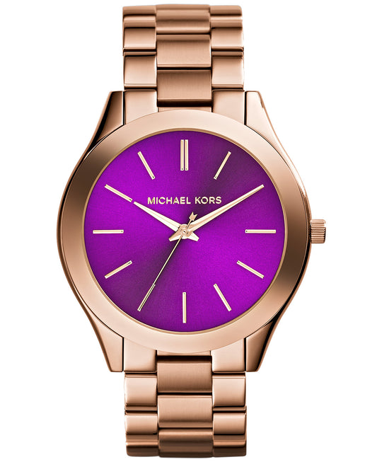 Michael Kors MK3293 watch for women with a purple dial and steel strap.