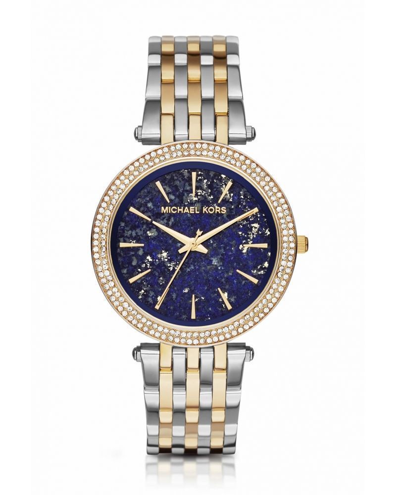 Michael Kors MK3401 watch for women with a blue dial and steel strap.