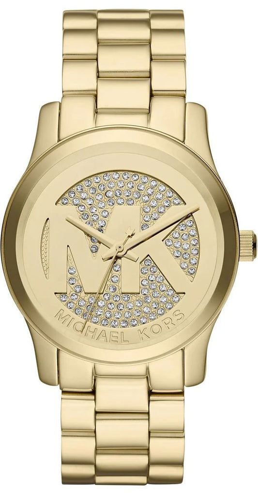 Michael Kors MK5852 watch for women with a golden dial and stainless steel strap.