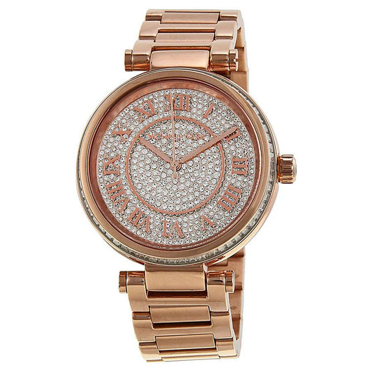 Michael Kors MK5868 watch for women with a pink dial and stainless steel strap.