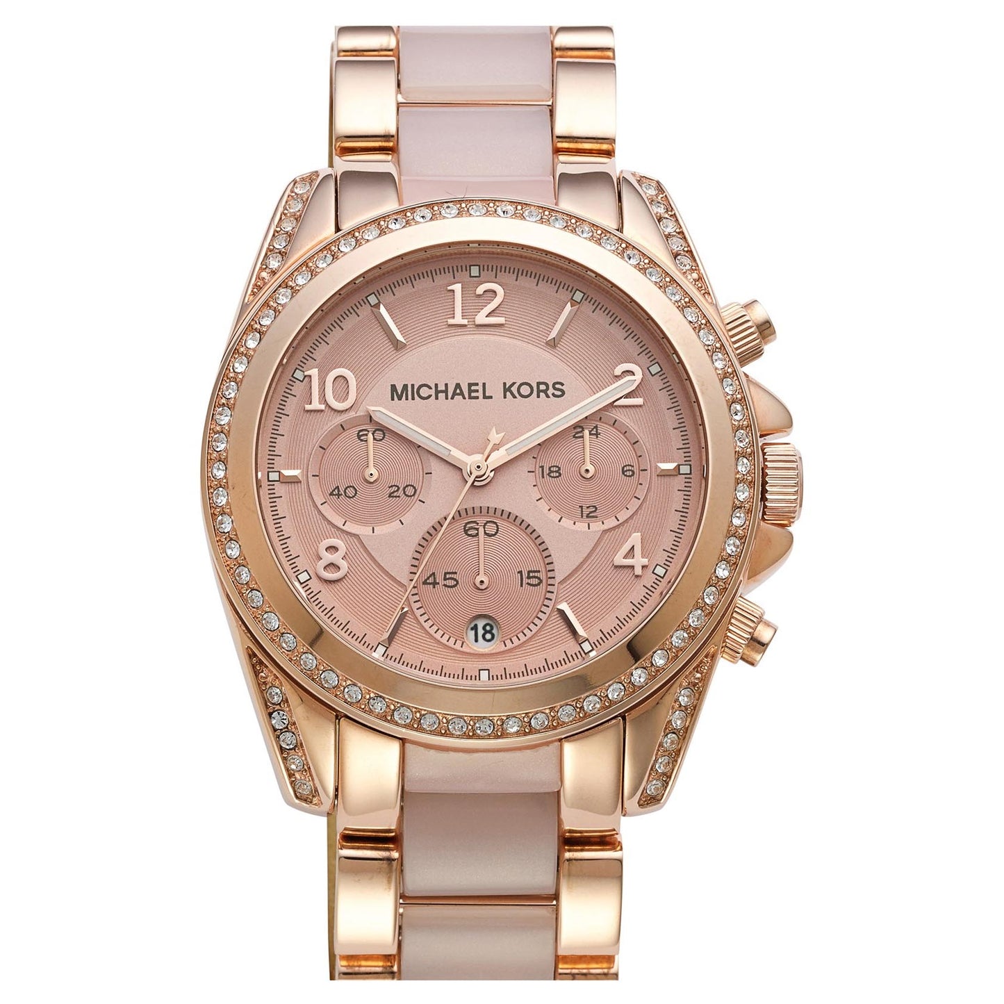 Michael Kors MK5943 watch for women with a pink dial and steel strap.