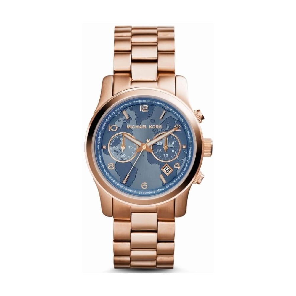 Michael Kors MK5972 watch for women with a blue dial and stainless steel strap.