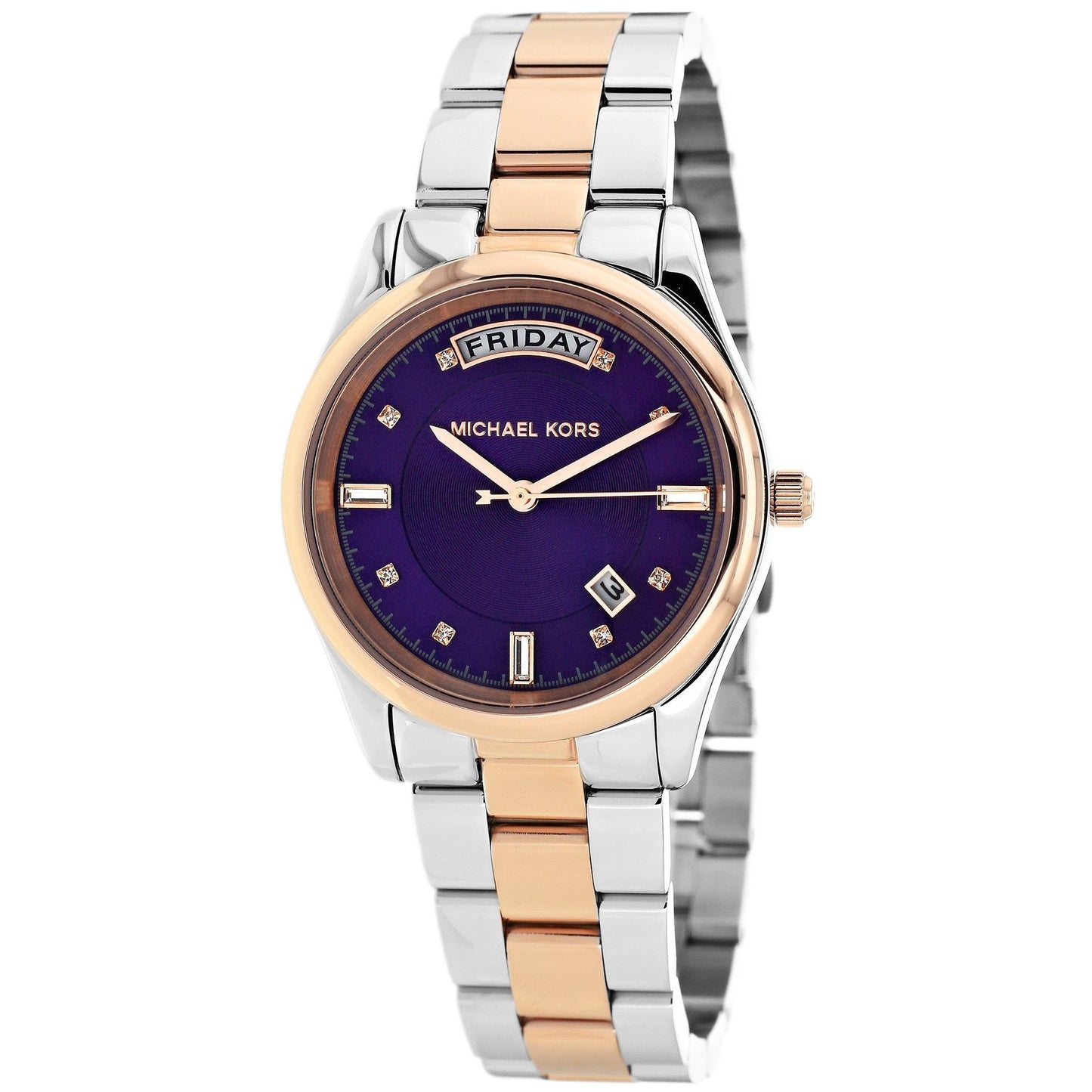 Michael Kors MK6072 watch for woman with a purple dial and steel strap.