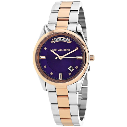 Michael Kors MK6072 watch for woman with a purple dial and steel strap.