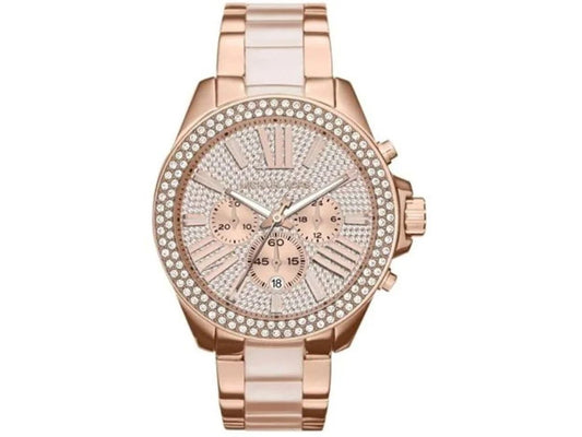 Michael Kors MK6096 watch for women with a pink dial and stainless steel strap.