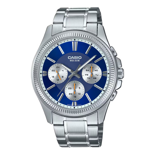 Casio MTP-1375D-2A1VDF watch for man with a blue dial and stainless steel strap.