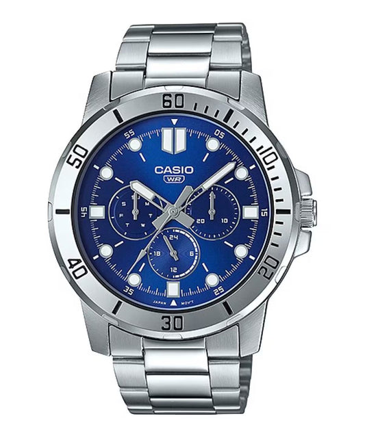 Casio MTP-VD300D-2EUDF watch for man with a blue dial and stainless steel strap.