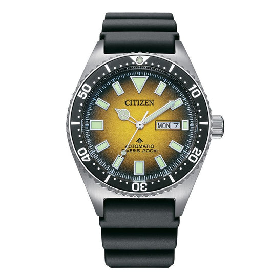 Citizen NY0120-01X watch for man with a yellow dial and rubber strap.