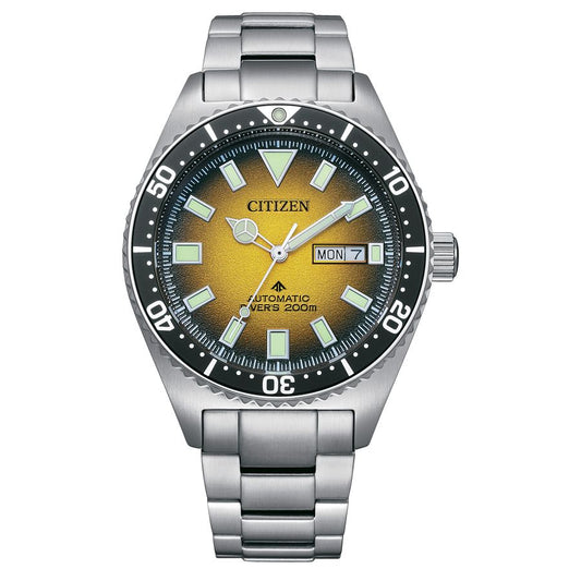 Citizen NY0120-52X watch for man with a yellow dial and stainless steel strap.