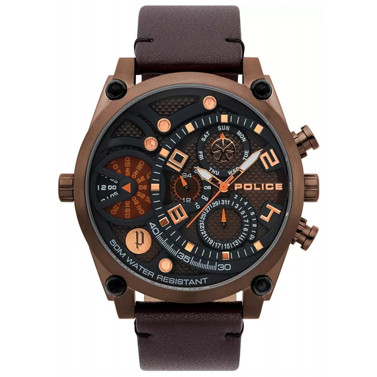 Police PL.15381JSBZ-03 watch for man with a black dial and leather strap.