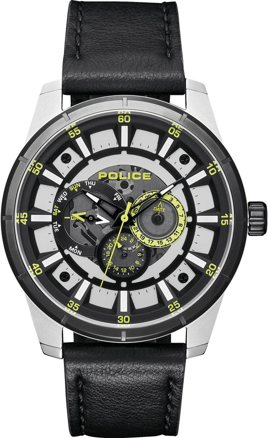 Police PL15410JSTB.04 watch for man with a black dial and leather strap.