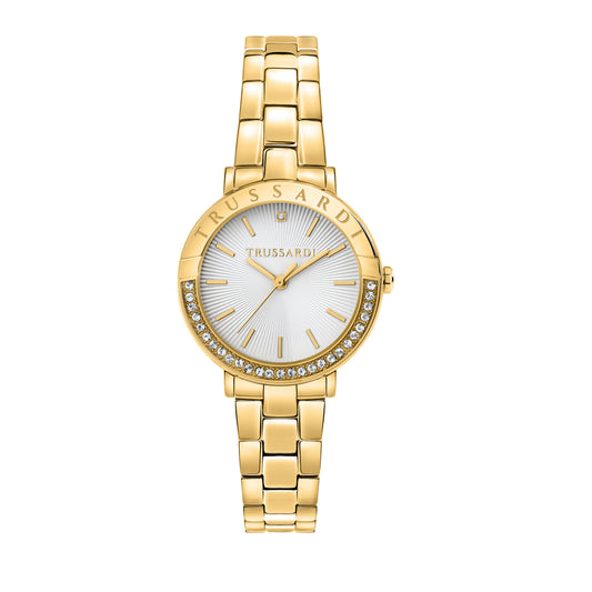Trussardi R2453125503 watch for women with a white guilloche dial and metal strap.