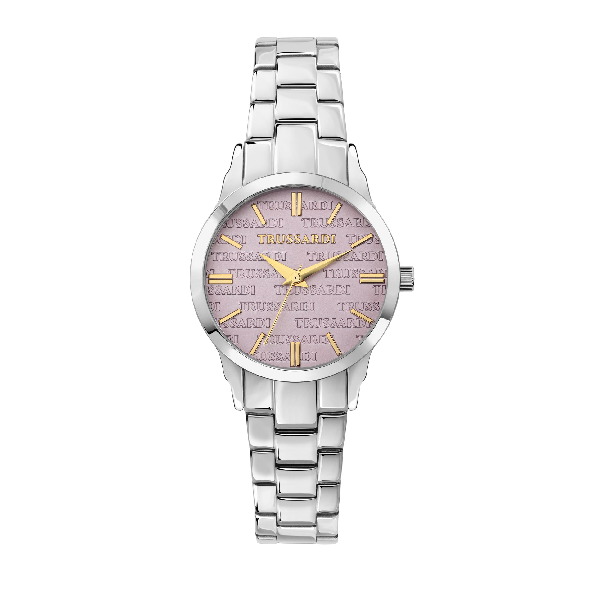 Trussardi R2453141508 watch for women with a purple printed dial and stainless steel strap.