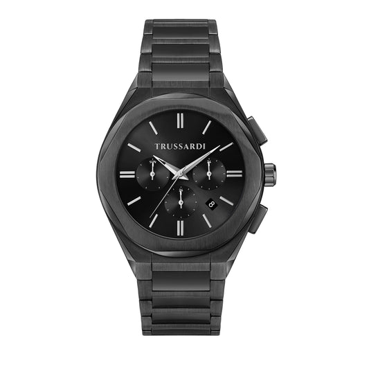 Trussardi R2453156002 watch for man with a black dial and metal strap.