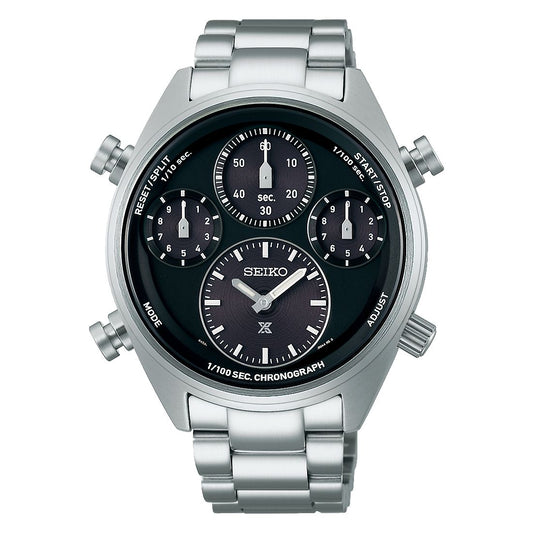 Seiko SFJ003P1 watch for man with a grey dial and stainless steel strap.