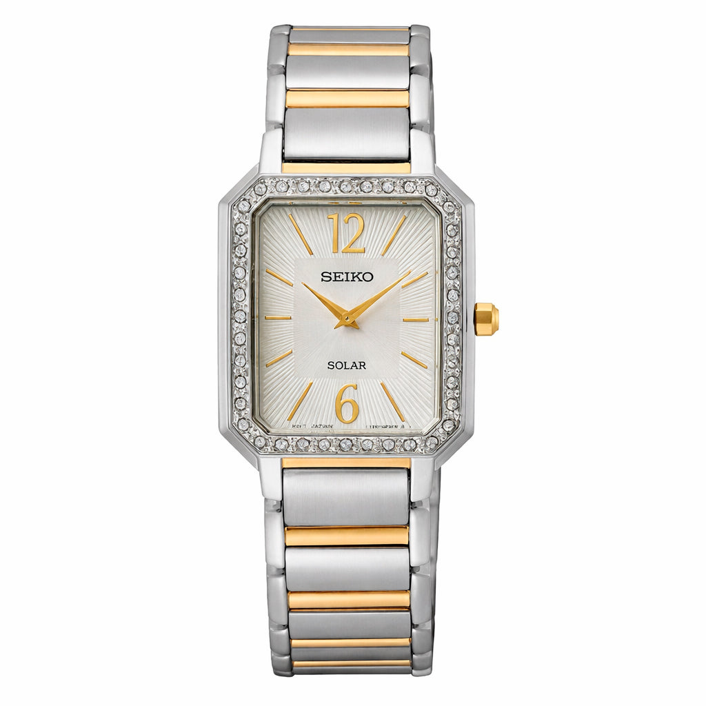 Seiko SUP466P1 watch for women with a grey dial and stainless steel strap.