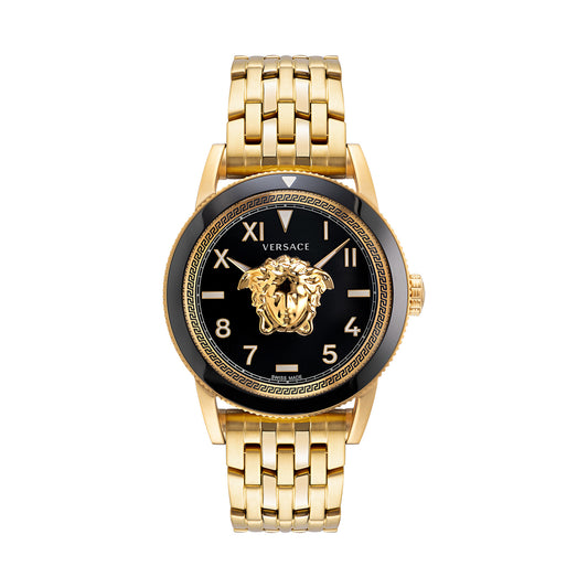 Versace VE2V00322 watch for man with a black dial and stainless steel strap.