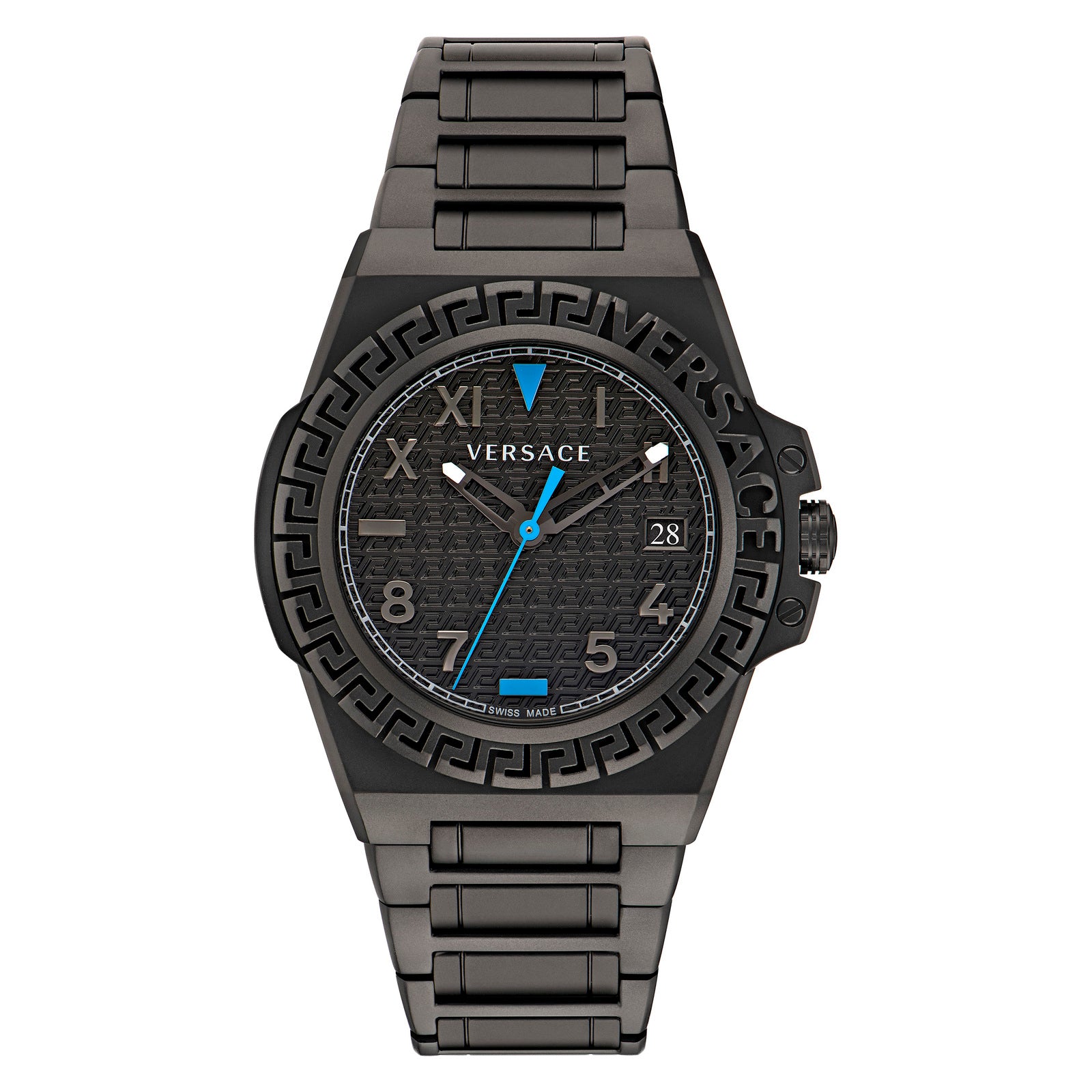 Versace VE3I00622 watch for man with a black dial and stainless steel strap.
