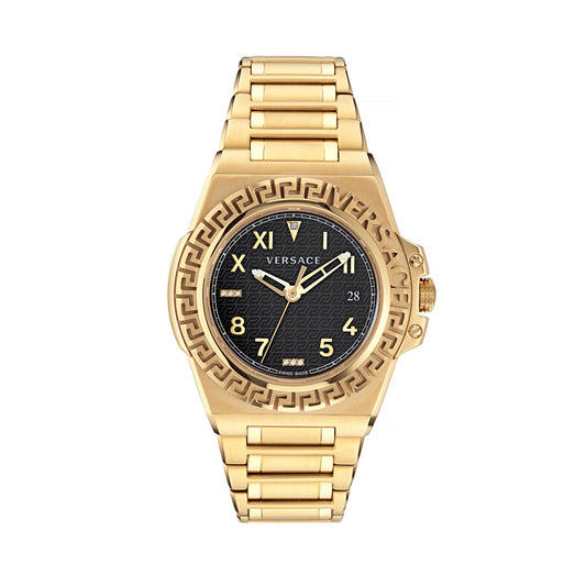 Versace VE3I00723 watch for women with a black dial and stainless steel strap.