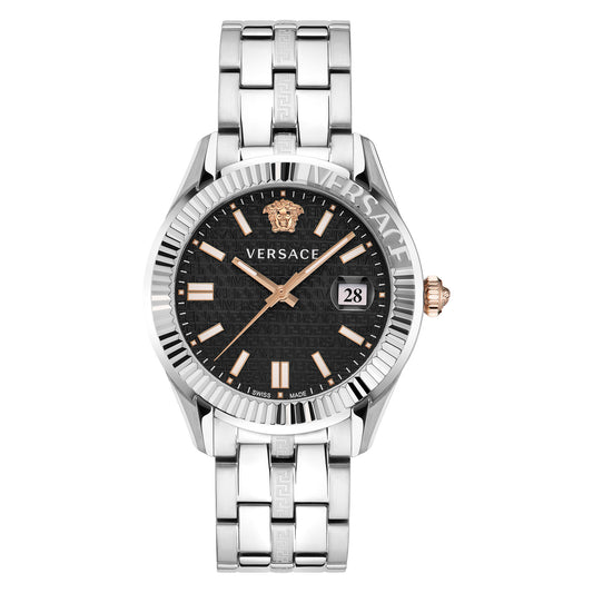 Versace VE3K00322 watch for women with a black dial and stainless steel strap.