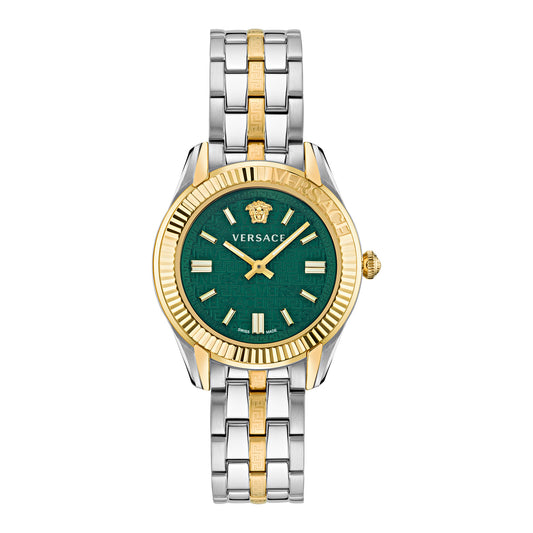 Versace VE6C00423 watch for women with a green dial and stainless steel strap.