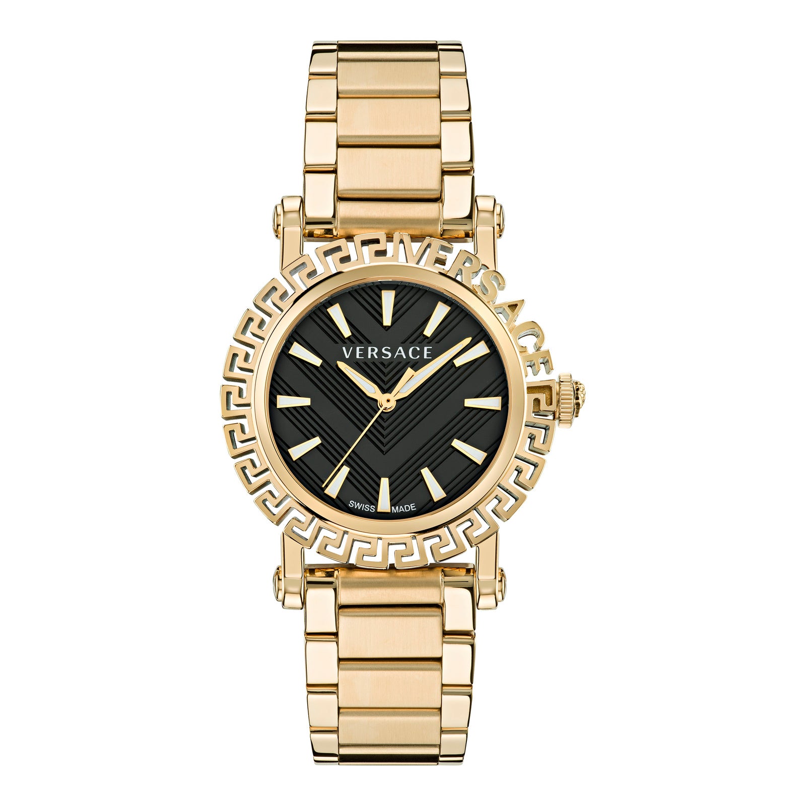 Versace VE6D00323 watch for women with a black dial and stainless steel strap.