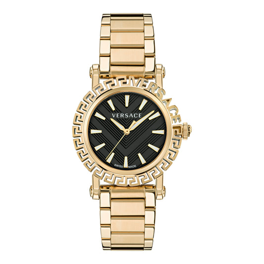 Versace VE6D00323 watch for women with a black dial and stainless steel strap.