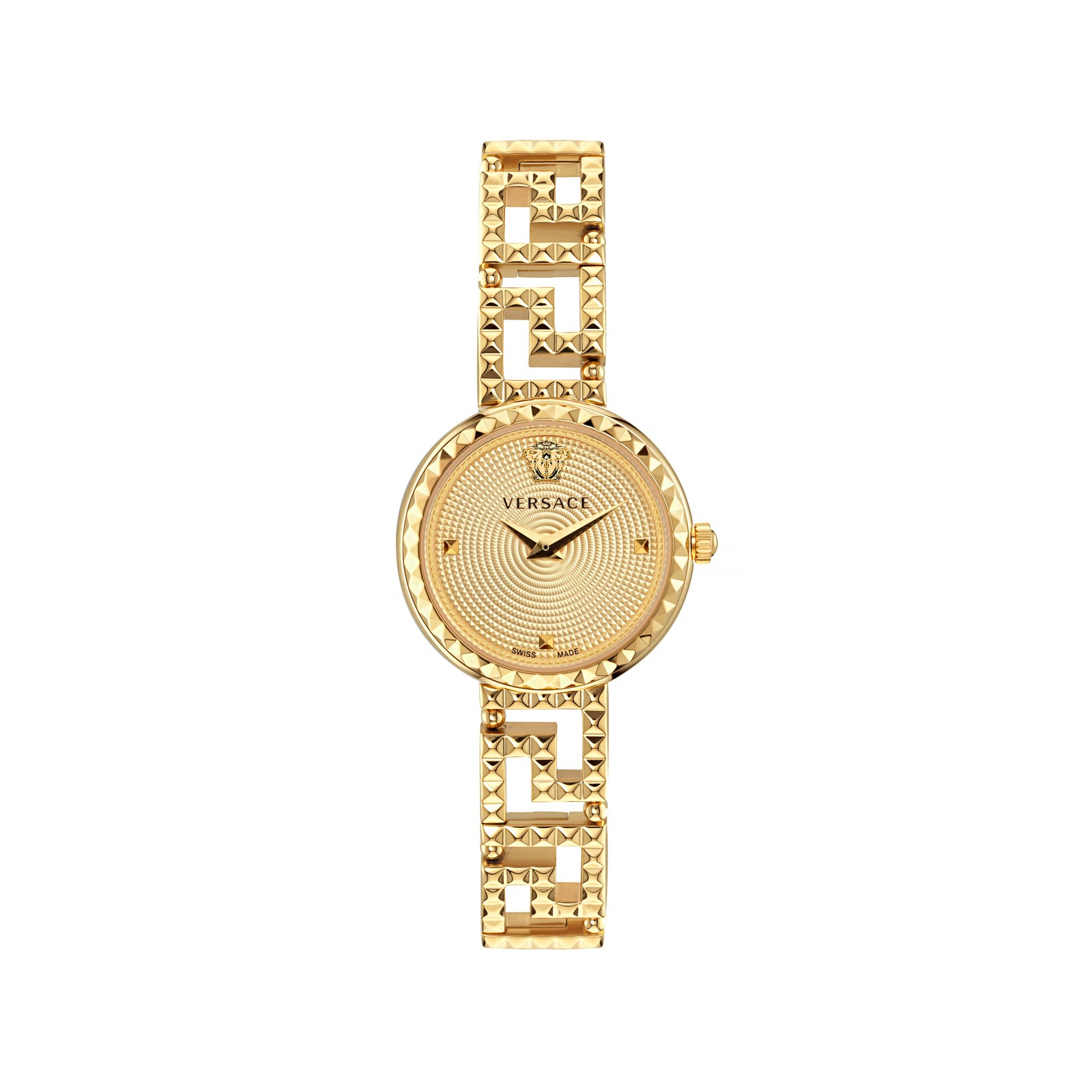 Versace VE7A00323 watch for women with a golden dial and stainless steel strap.