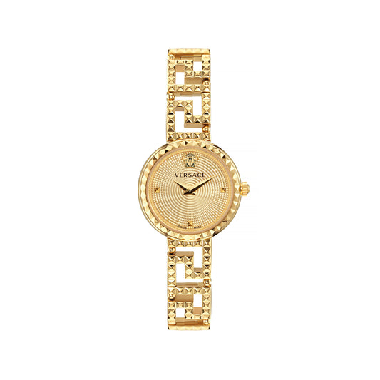 Versace VE7A00323 watch for women with a golden dial and stainless steel strap.