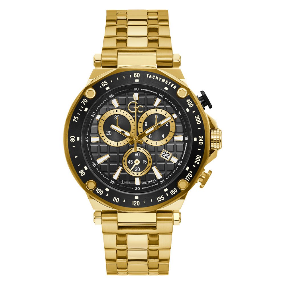 Gc Y81001G2MF watch for man with a black dial and stainless steel strap.