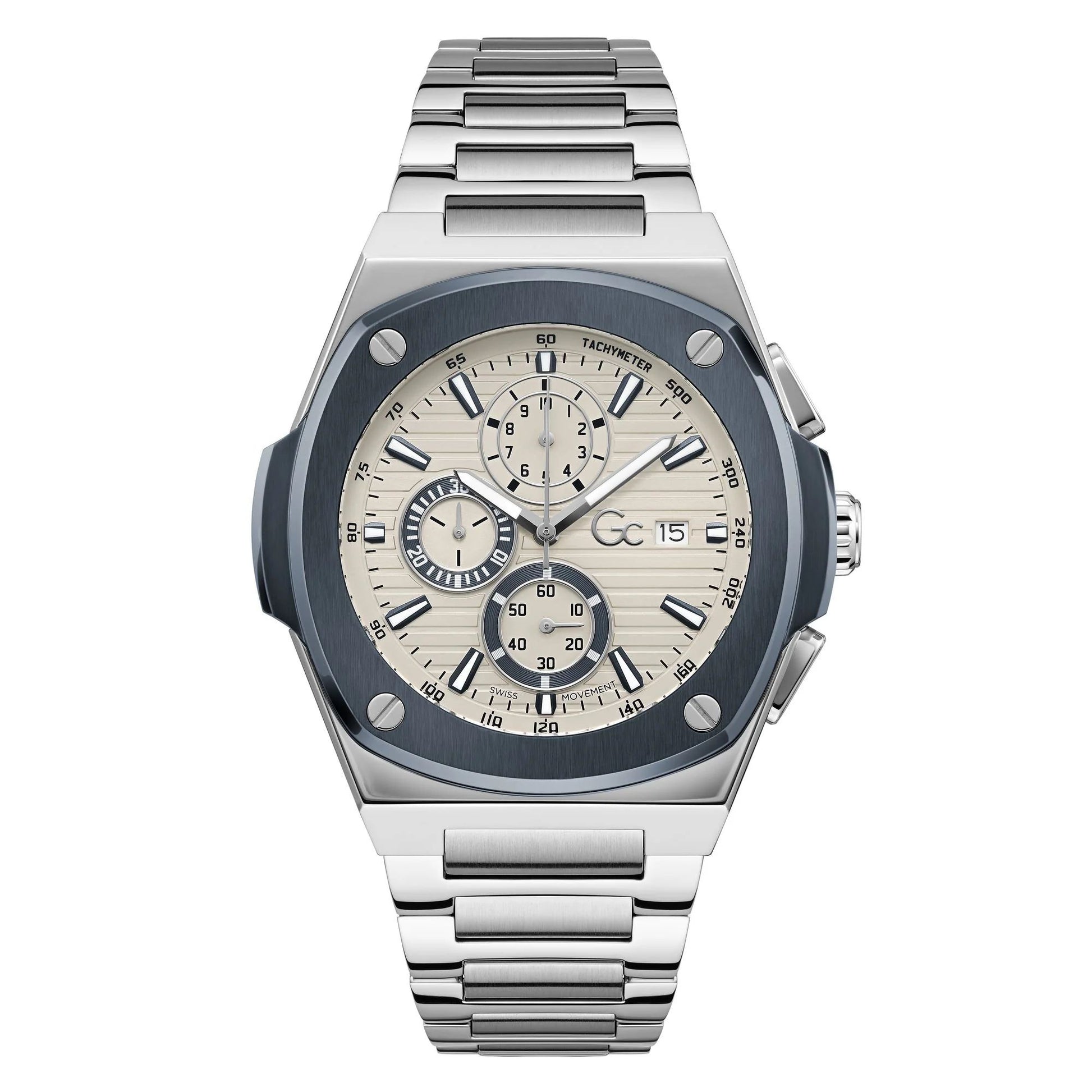 Gc Y99023G1 watch for man with a beige dial and stainless steel strap.