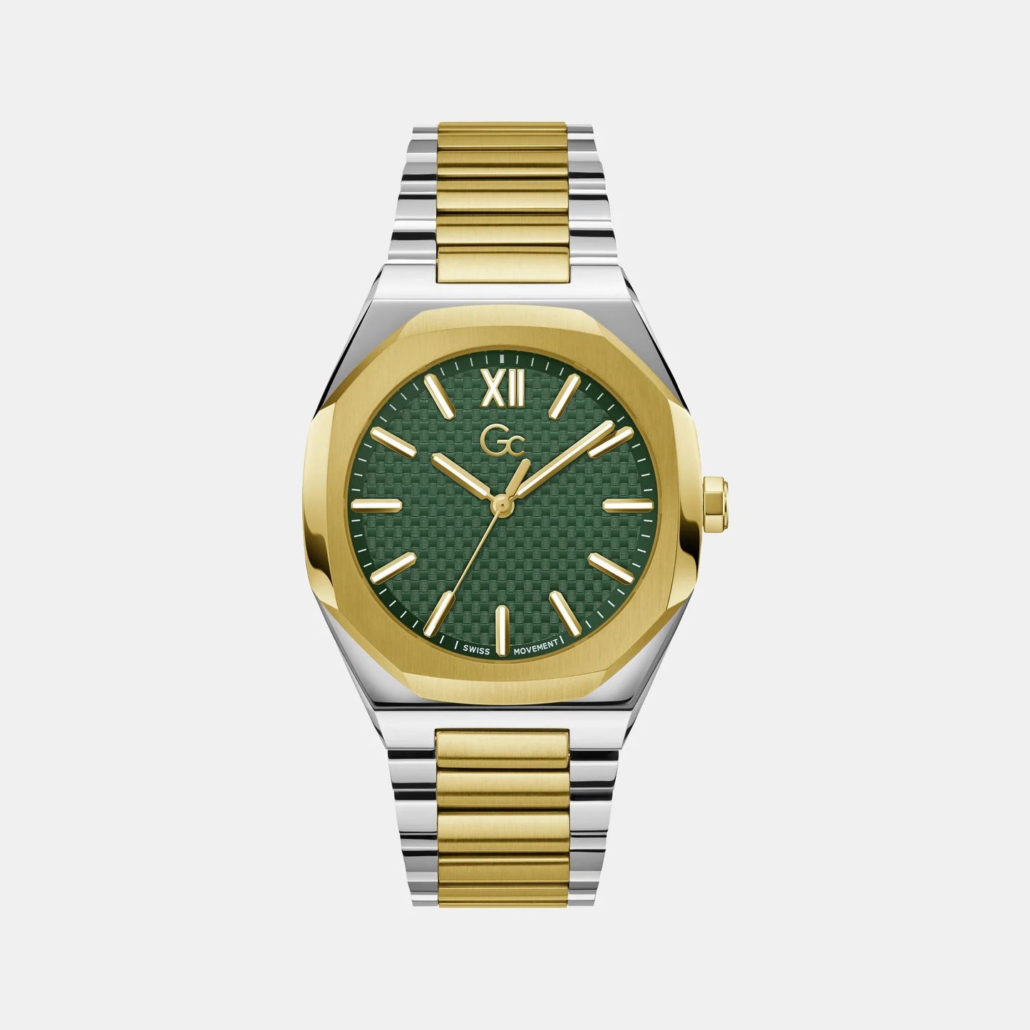Gc Z26002G9MF watch for man with a green dial and stainless steel strap.